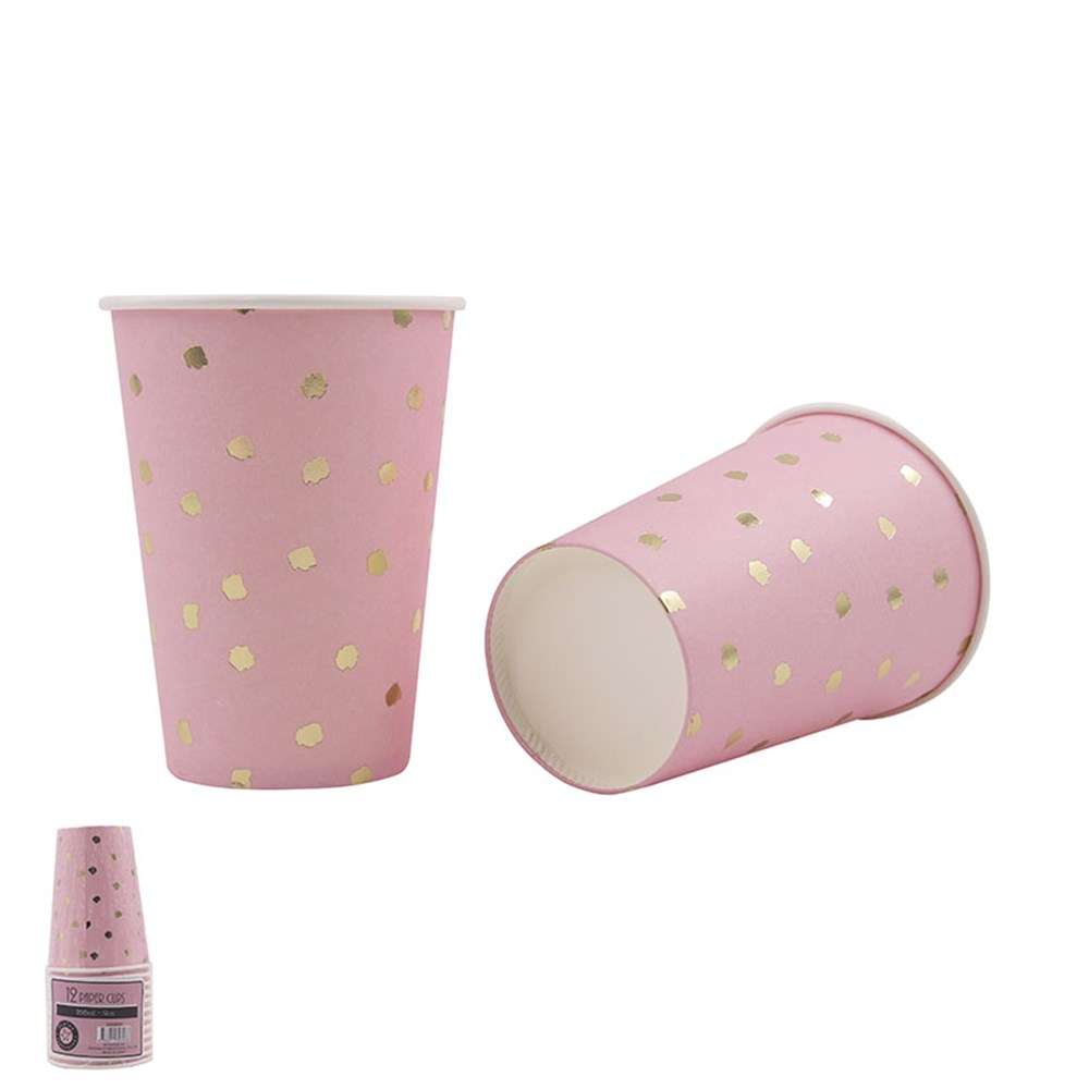 *12pk 266ml Pink Paper Cup with Gold Foiled Dots